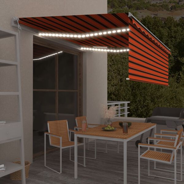 vidaXL Toldo autom. LED e sensor de vento 4,5x3 m laranja e castanho