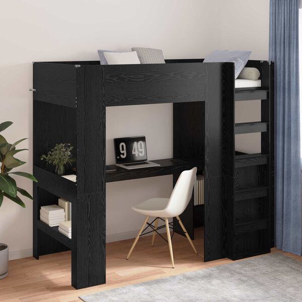 vidaXL Estrutura de Cama Loft com Mesa Carvalho Preto 90 x 190 cm