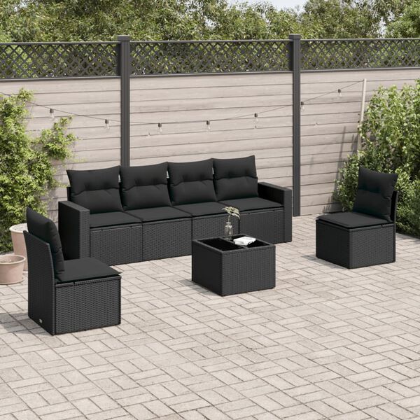 vidaXL 7 pcs conjunto de sof&aacute;s p/ jardim c/ almofad&otilde;es vime PE preto