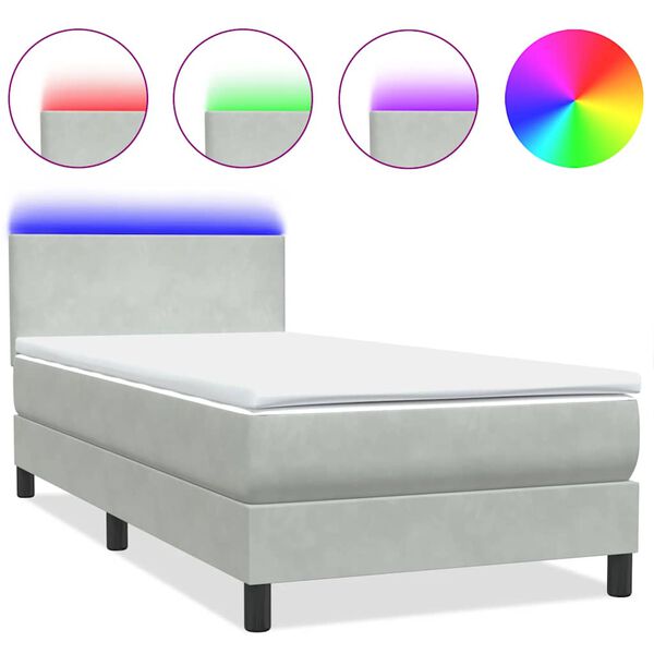 vidaXL Cama box spring c/ colch&atilde;o e LED cinzento-claro 80x220 cm veludo