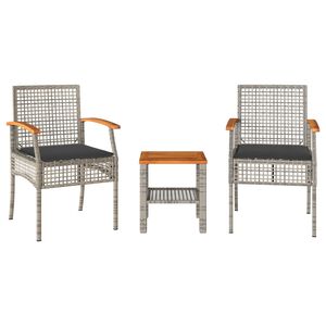 vidaXL Conjunto de bistr&ocirc; com almofad&otilde;es 3 pcs vime PE e ac&aacute;cia cinza