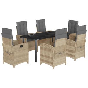 vidaXL 7 pcs conj. jantar jardim c/ almofad&otilde;es vime PE bege misturado