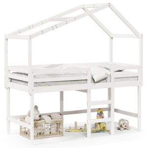 vidaXL Cama alta c/ escada e telhado 90x190 cm pinho maci&ccedil;o branco