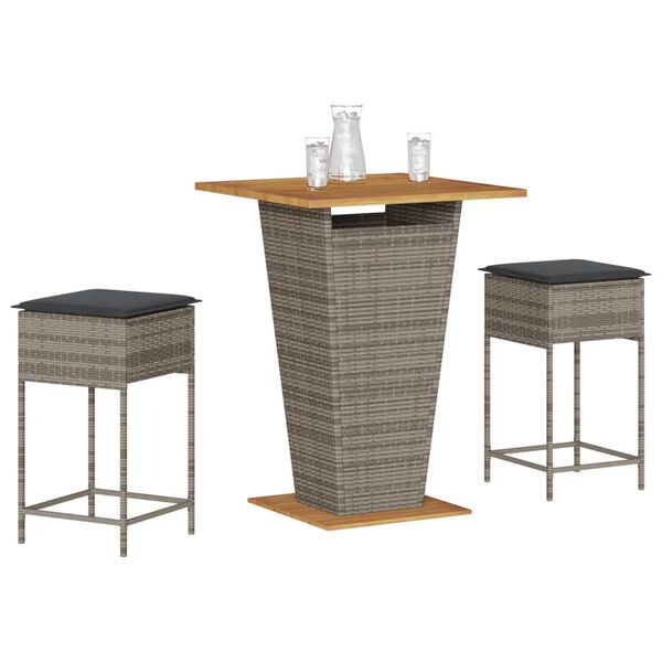 vidaXL 3 pcs conjunto de bar p/ jardim c/ almofad&otilde;es vime PE cinzento