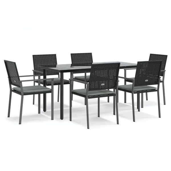vidaXL 7 pcs conjunto de jantar p/ jardim c/ almofad&otilde;es vime PE e a&ccedil;o