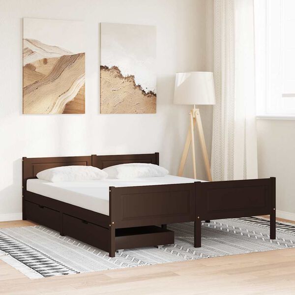 vidaXL Cama com 2 gavetas 140x200 cm pinho maci&ccedil;o castanho-escuro