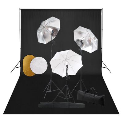 vidaXL Kit estúdio fotográfico com lâmpadas/sombrinhas/fundo/refletor
