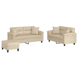 vidaXL 3 pcs conjunto sof&aacute;s c/ almofadas tecido microfibra cor creme