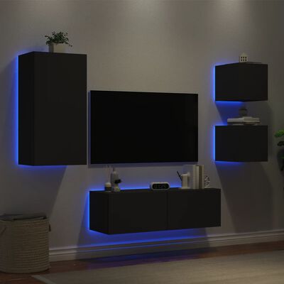 vidaXL 4 pcs móveis de parede para TV com luzes LED preto