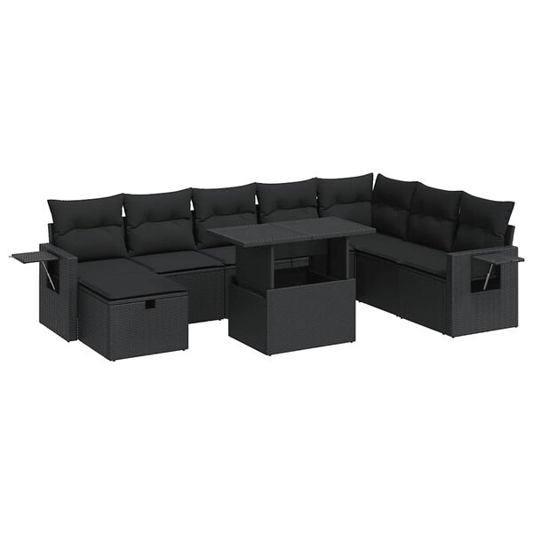vidaXL 9 pcs conjunto de sof&aacute;s p/ jardim c/ almofad&otilde;es vime PE preto