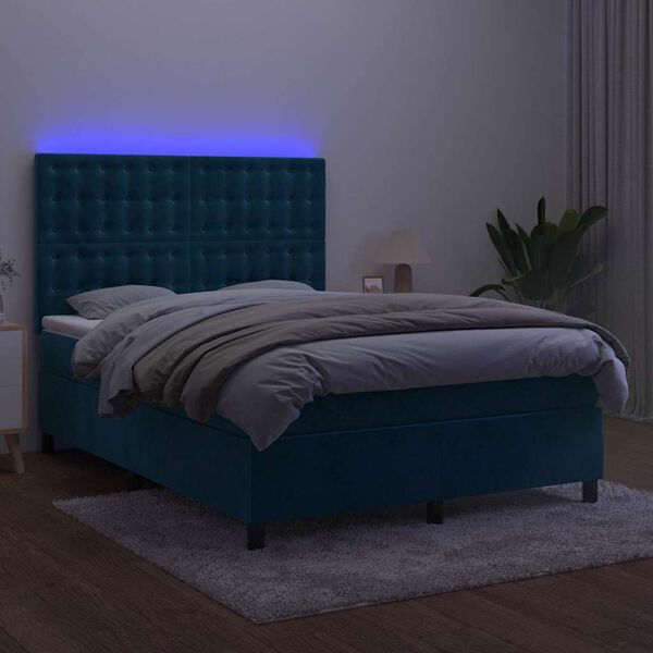 vidaXL Cama box spring c/ colch&atilde;o/LED 140x200 cm veludo azul-escuro