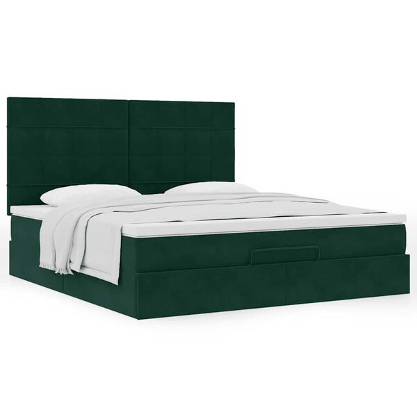 vidaXL Estrutura de cama otomana com colch&atilde;o verde escuro veludo
