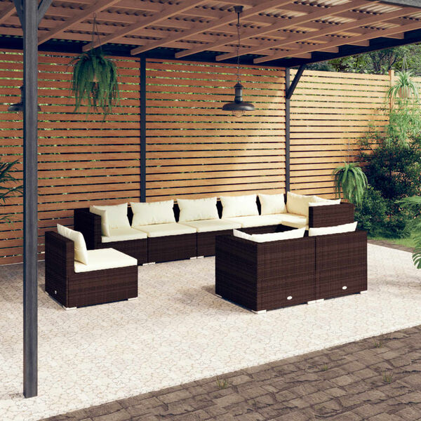 vidaXL 9 pcs conjunto lounge de jardim c/ almofad&otilde;es vime PE castanho
