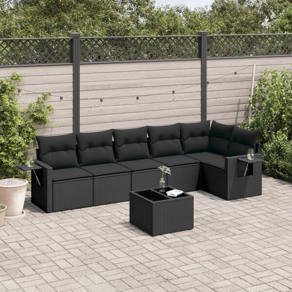 vidaXL 7 pcs conjunto de sof&aacute;s p/ jardim c/ almofad&otilde;es vime PE preto