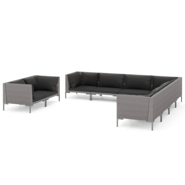 vidaXL 9 pcs conj. lounge jardim c/ almofad&otilde;es vime PE cinzento-escuro