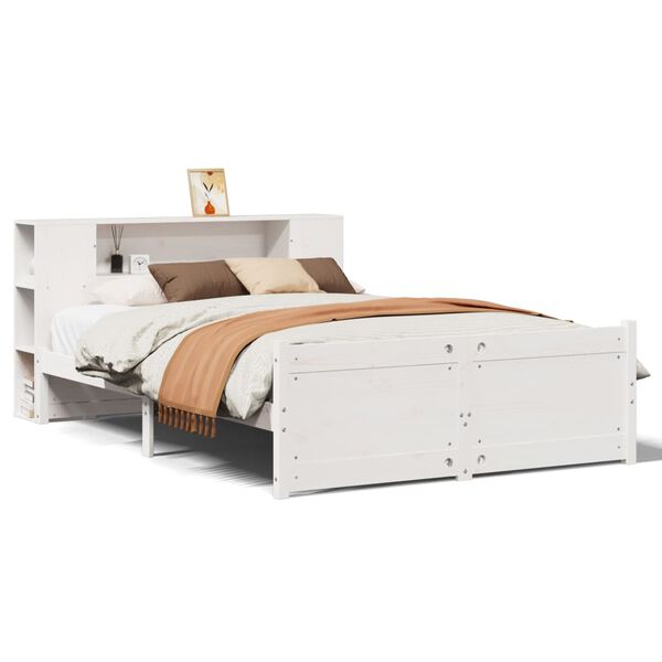 vidaXL Cama com estante sem colchão 120x200 cm pinho maciço branco