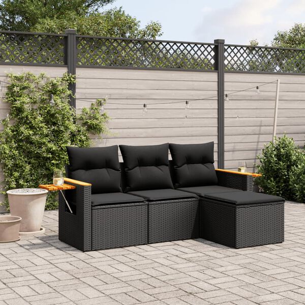 vidaXL 4 pcs conjunto de sofás para jardim c/ almofadões vime PE preto