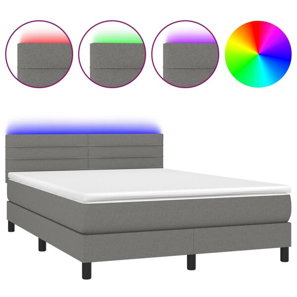 vidaXL Cama box spring c/ colch&atilde;o e LED 140x200 cm tecido cinza-escuro