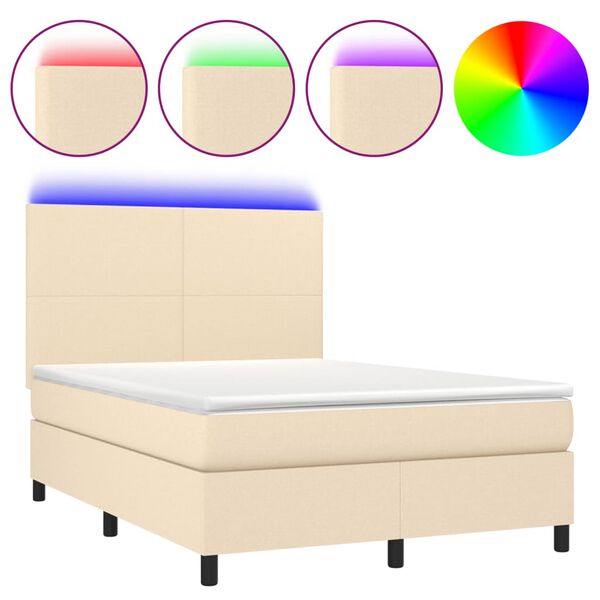 vidaXL Cama box spring c/ colch&atilde;o e LED 140x190 cm tecido cor creme