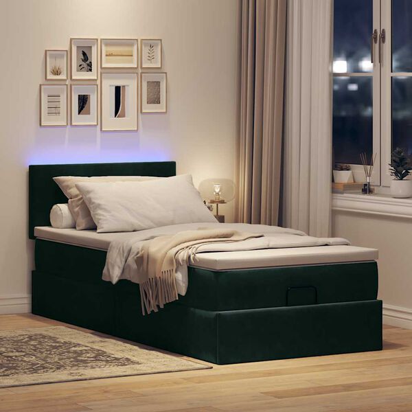 vidaXL Cama otomana com colch&atilde;o & LEDs 90x200cm veludo verde-escuro