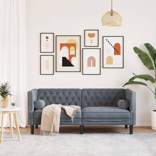 vidaXL Sof&aacute; chesterfield com rolos 2 lugares veludo cinzento-escuro