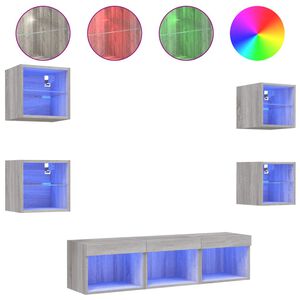 vidaXL 7pcs m&oacute;veis parede p/ TV c/ LEDs deriv. madeira cinza sonoma