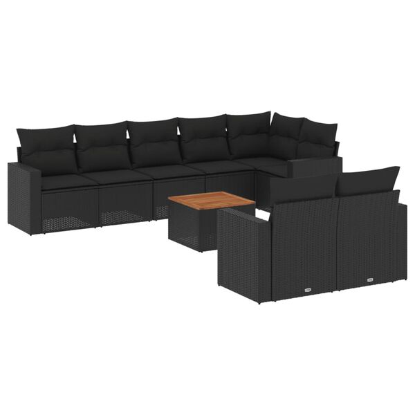vidaXL 9 pcs conjunto de sof&aacute;s p/ jardim c/ almofad&otilde;es vime PE preto