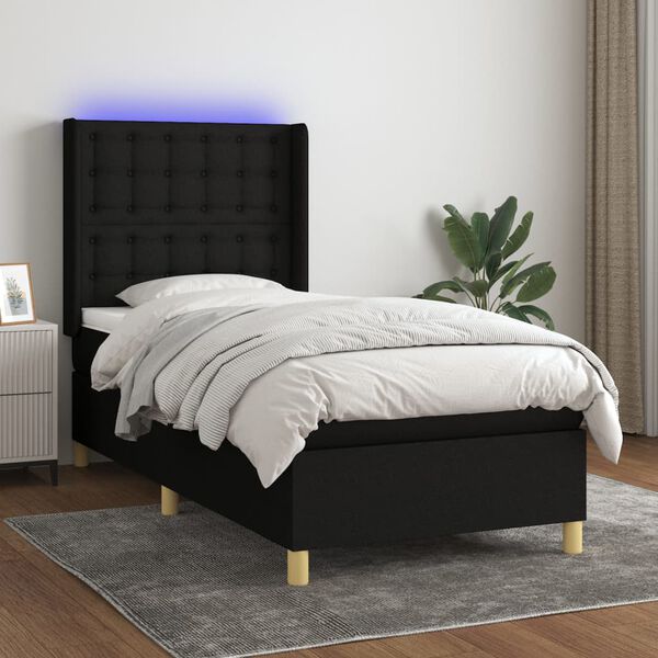 vidaXL Cama box spring c/ colch&atilde;o e LED 90x200 cm tecido preto