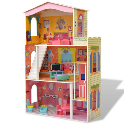 vidaXL Casa de bonecas com três pisos, madeira, 73x32x116 cm