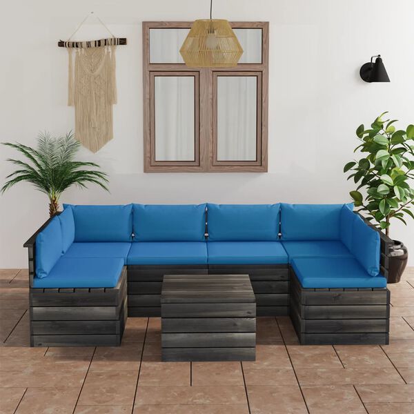 vidaXL 7 pcs conjunto lounge de paletes + almofad&otilde;es madeira de pinho