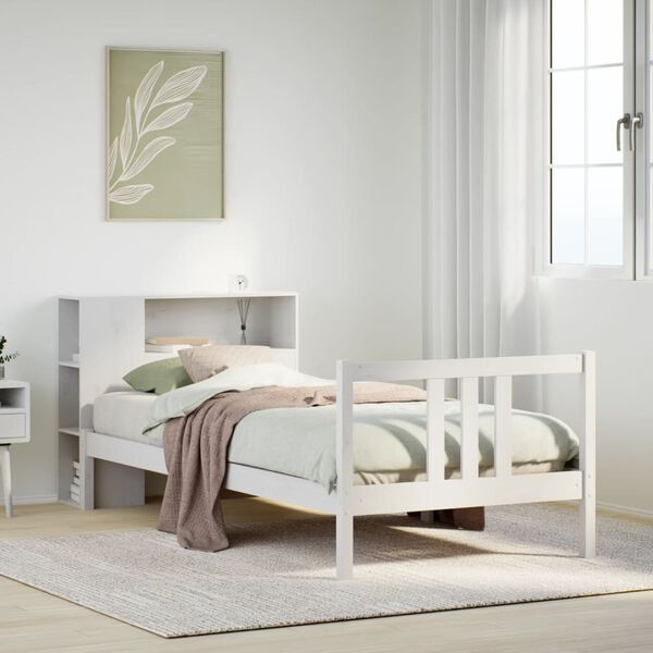 vidaXL Cama com estante sem colchão 90x200 cm pinho maciço branco