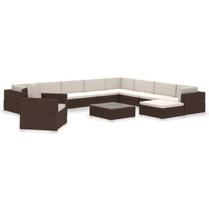 vidaXL 12 pcs conjunto lounge jardim c/ almofad&otilde;es vime PE castanho
