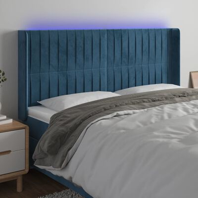 vidaXL Cabeceira cama c/ luzes LED veludo 183x16x118/128cm azul-escuro