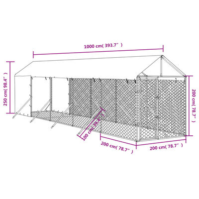 vidaXL Canil de exterior com teto 2x10x2,5 m aço galvanizado prateado