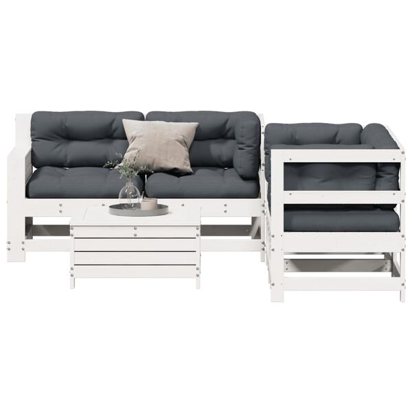 vidaXL 5 pcs conj. lounge de jardim c/ almofad&otilde;es pinho maci&ccedil;o branco