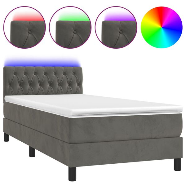 vidaXL Cama box spring c/ colch&atilde;o/LED 90x200 cm veludo cinzento-escuro