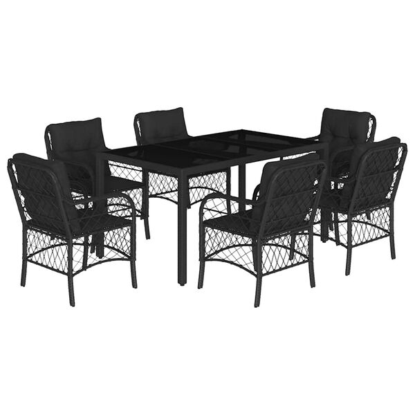 vidaXL 7 pcs conjunto de jantar p/ jardim c/ almofad&otilde;es vime PE preto