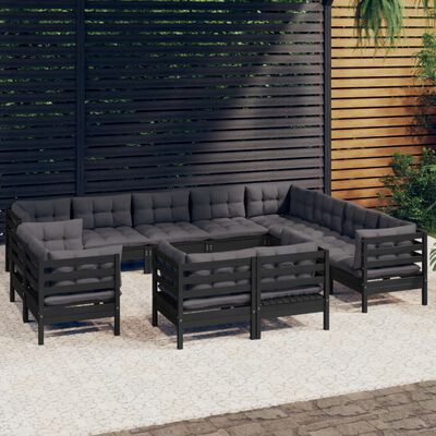 vidaXL 12 pcs conjunto lounge jardim c/ almofadões pinho maciço preto