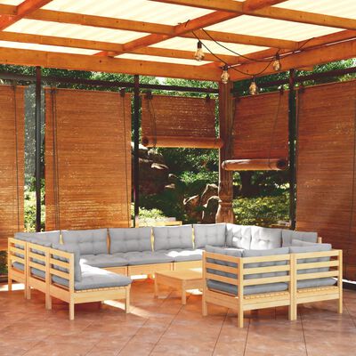 vidaXL 12pcs conjunto lounge de jardim + almofadões cinza pinho maciço