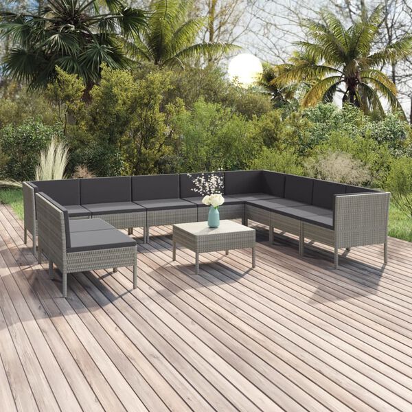 vidaXL 11 pcs conjunto lounge de jardim c/ almofad&otilde;es vime PE cinzento