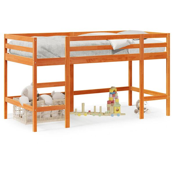 vidaXL Cama alta p/criança c/escada 90x190cm pinho maciço castanho-mel