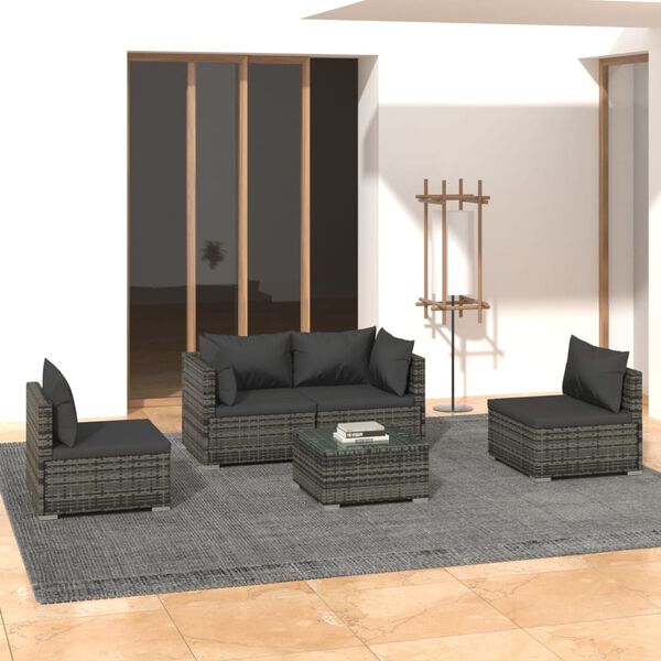 vidaXL 5 pcs conjunto lounge de jardim c/ almofadões vime PE cinzento