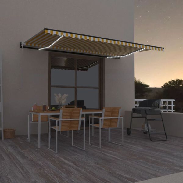 vidaXL Toldo autom. LED e sensor de vento 500x350 cm amarelo/branco
