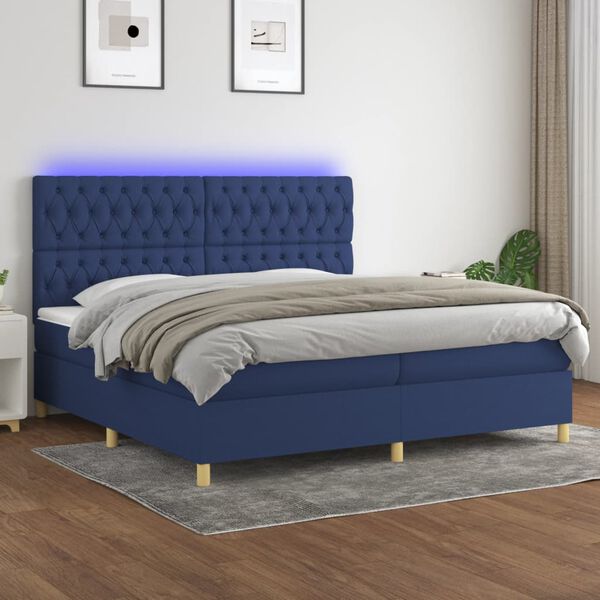 vidaXL Cama box spring c/ colch&atilde;o e LED 200x200 cm tecido azul