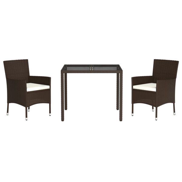 vidaXL 3 pcs conjunto jantar p/ jardim c/ almofad&otilde;es vime PE castanho
