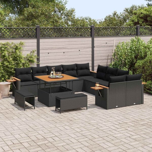 vidaXL Conjunto de Sof&aacute; de Jardim com almofada 17 pcs Preto vime PE