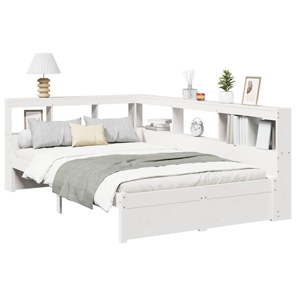 vidaXL Cama com estante sem colch&atilde;o 120x200 cm pinho maci&ccedil;o branco