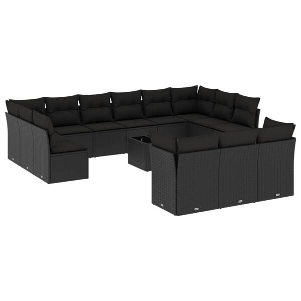 vidaXL 14 pcs conjunto de sof&aacute;s p/ jardim c/ almofad&otilde;es vime PE preto