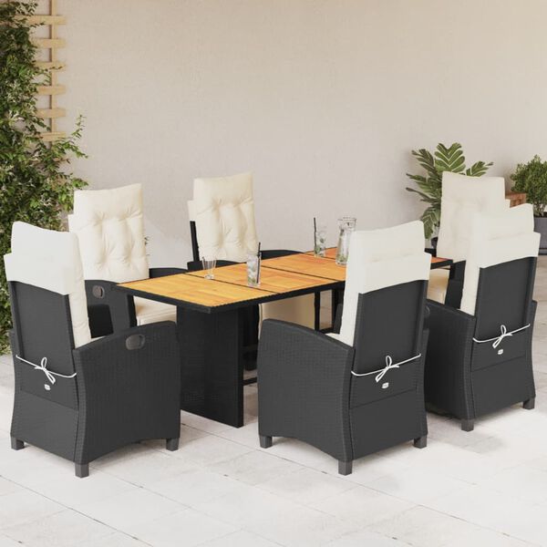 vidaXL 7 pcs conjunto de jantar p/ jardim c/ almofad&otilde;es vime PE preto