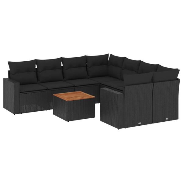 vidaXL 9 pcs conjunto de sof&aacute;s p/ jardim c/ almofad&otilde;es vime PE preto